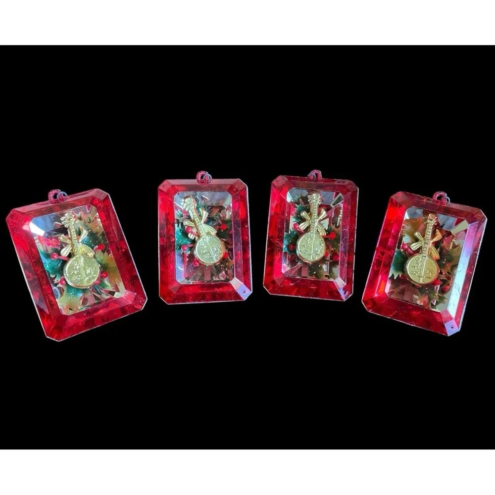 Vintage JewelBrite Diorama Christmas Ornaments Banjos Set of 4 Size 3
